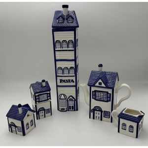 Vtg CKAO Blue White Ceramic House Canister Set 5pc w Lids Pasta Tea Cottagecore